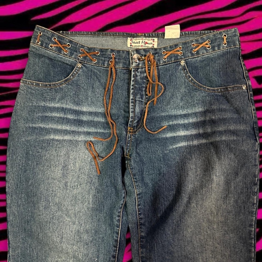 vintage street flowers lace up bootcut jeans